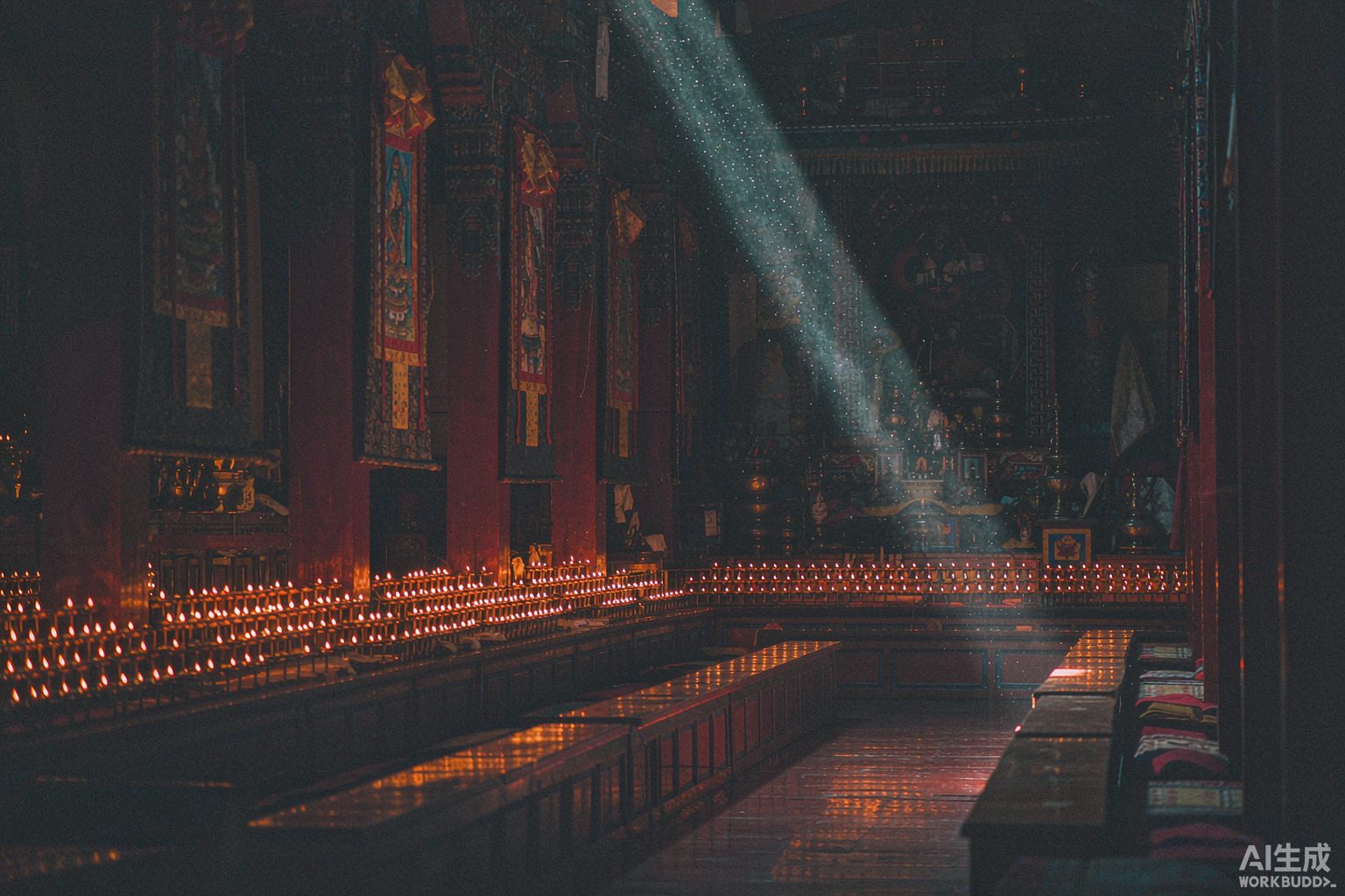 Butter lamps inside a Tibetan monastery prayer hall
