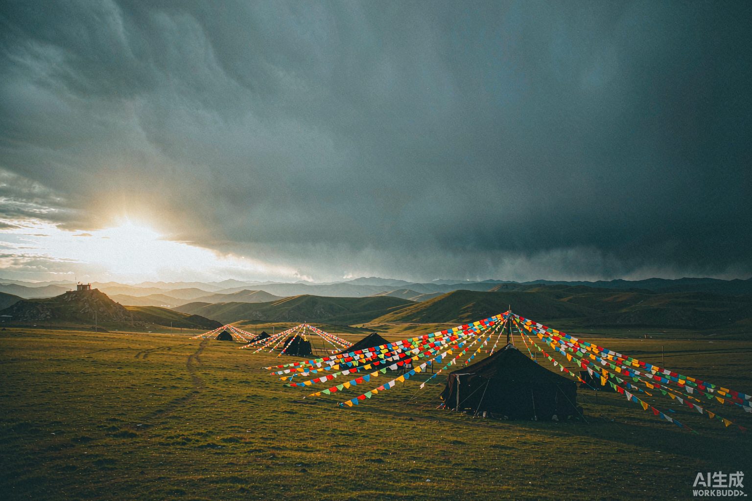 Prayer flags over the Tibetan grasslands